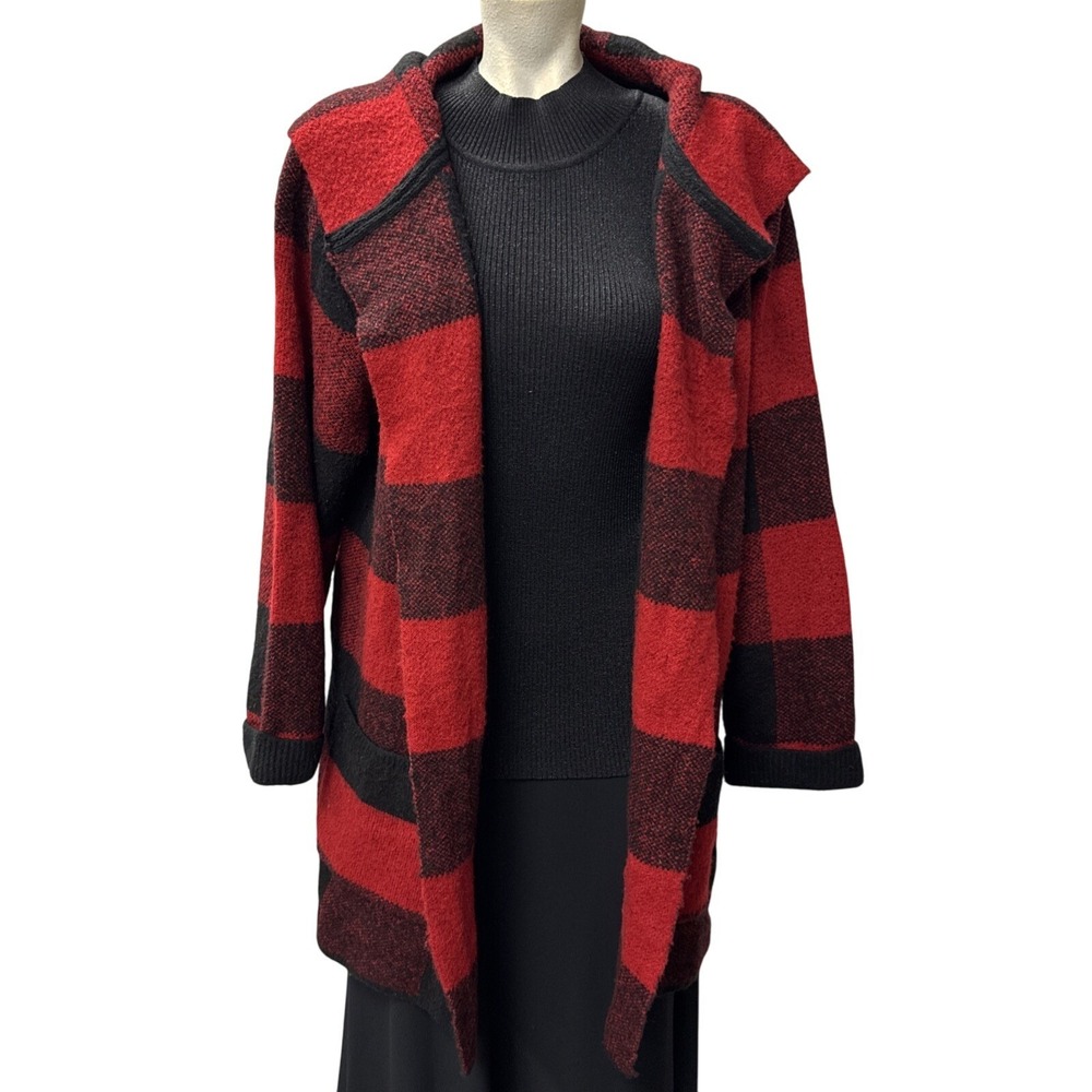 Christopher Banks Petite XL Womens Red Black Plaid‎ Hooded Cardigan Sweater PXL